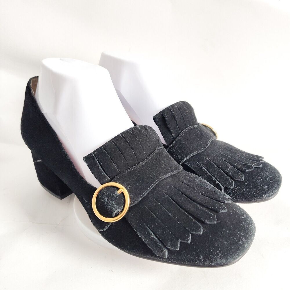 Marc Fisher Black Suede Kiltie Fringe Block Heel Loafers with Gold Buckle